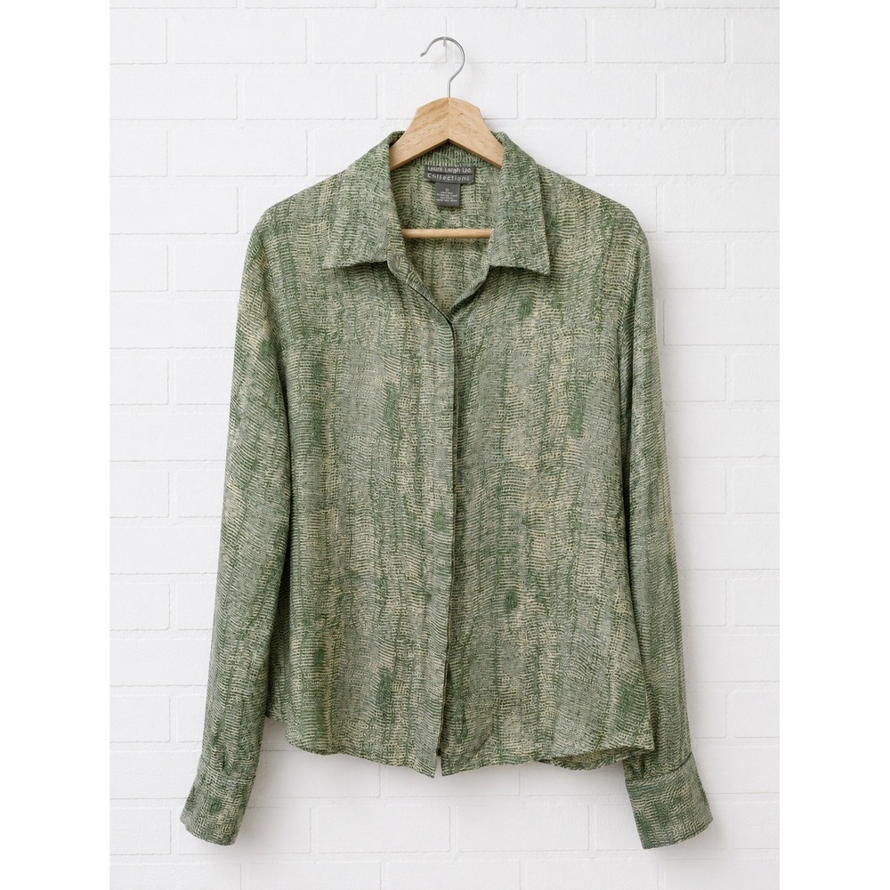 Laura Leigh Ltd. Silk Blouse Womens 12 Green Abstract Print Long Sleeve Button